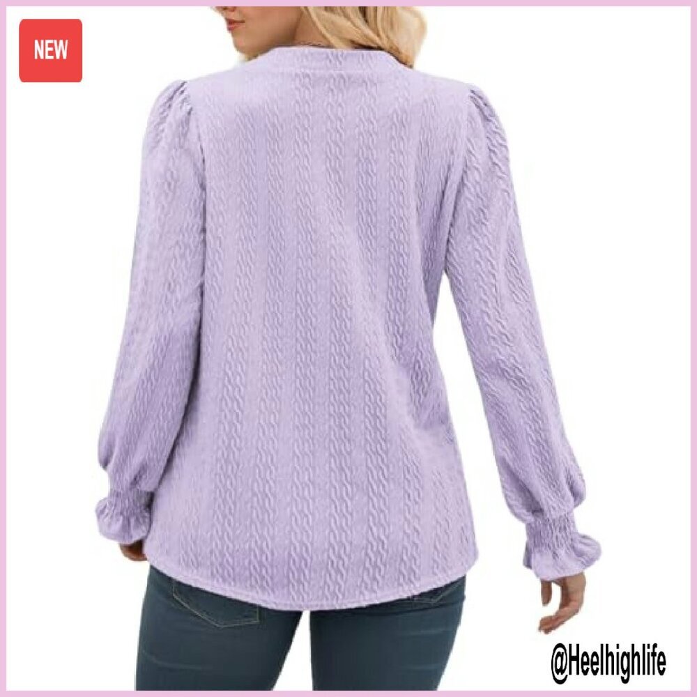 Plus Size Long Sleeve Tunic with V Neck and Puff Sleeves - Picture 3 of 6